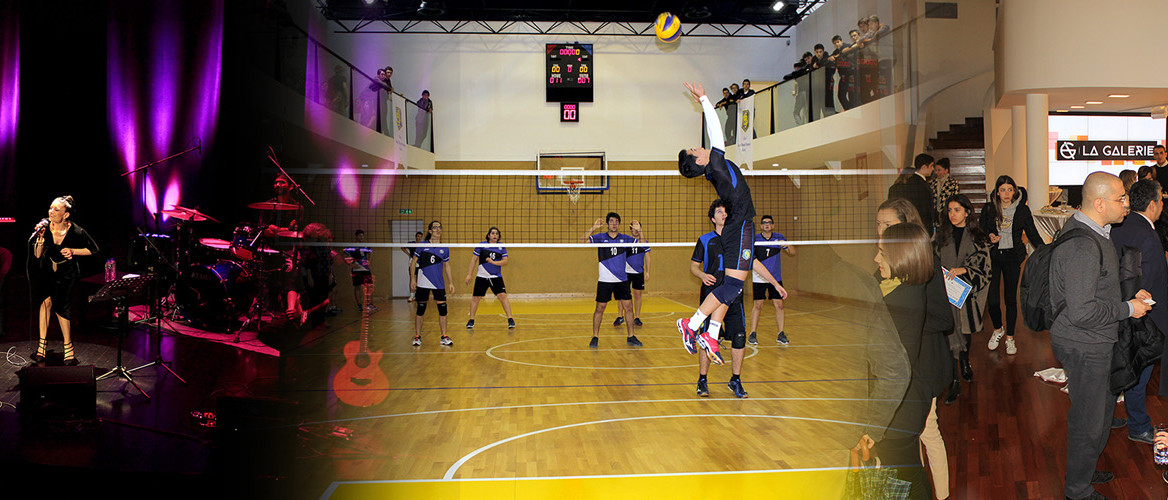 Okulumuzun kültür, sanat ve spor etkinliklerinin görüntülerinden oluşan bir kolaj: Silüet sahnesinde Jehan Barbur; Spor salonumuzda voleybol oynayan öğrencilerimiz; bir La Galerie sergisinin açılışında öğretmen, öğrenci ve davetliler