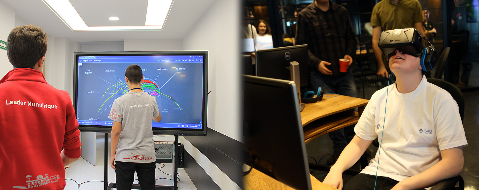 Uluslararası Dijital Bahar kapsamında akıllı tahta üzerinde sunum yapan "Dijital Liderler" ve Bahçeşehir Üniversitesi ortaklığıyla düzenlenen sanal gerçeklik laboratuarı gezisi sırasında sanal gerçeklik deneyimleyen bir öğrencimizin fotoğraflarından oluşan bir kolaj